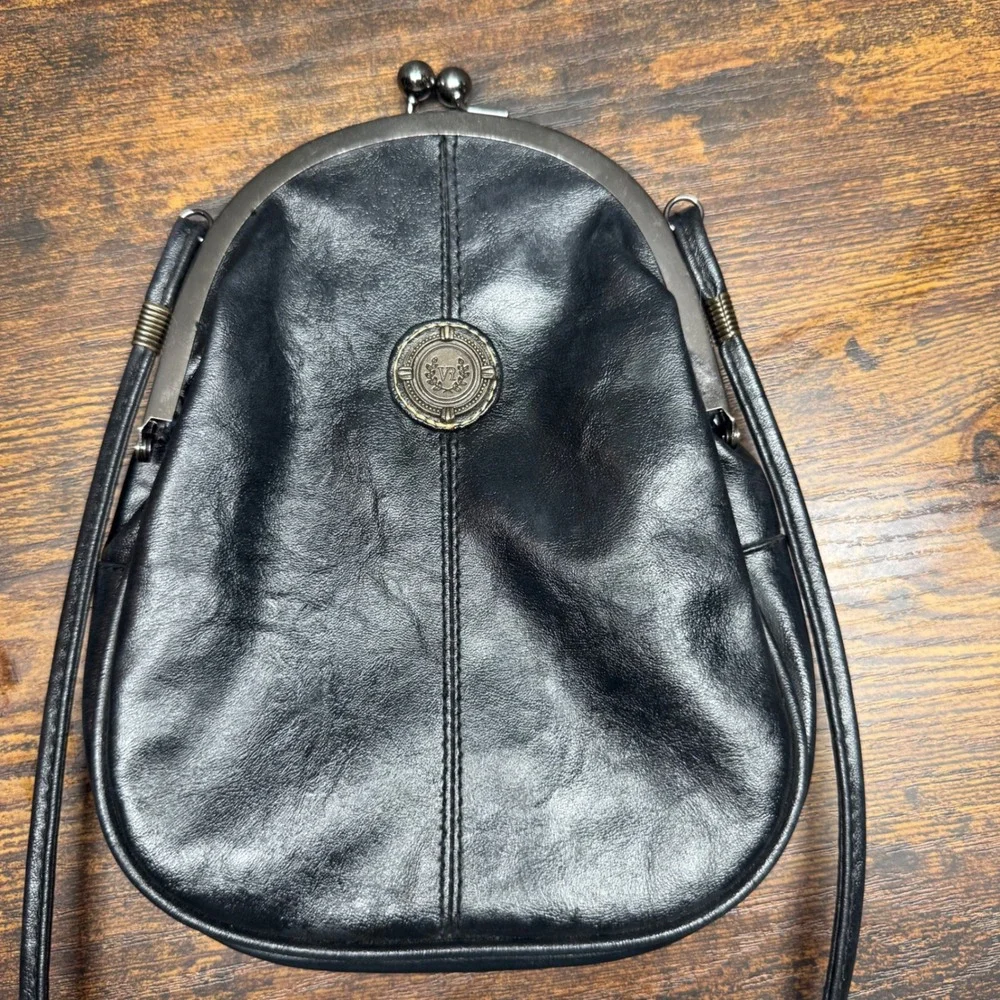 Vintage Black Faux Leather Kiss Lock Crossbody Bag Small Purse Y2K Goth Grunge